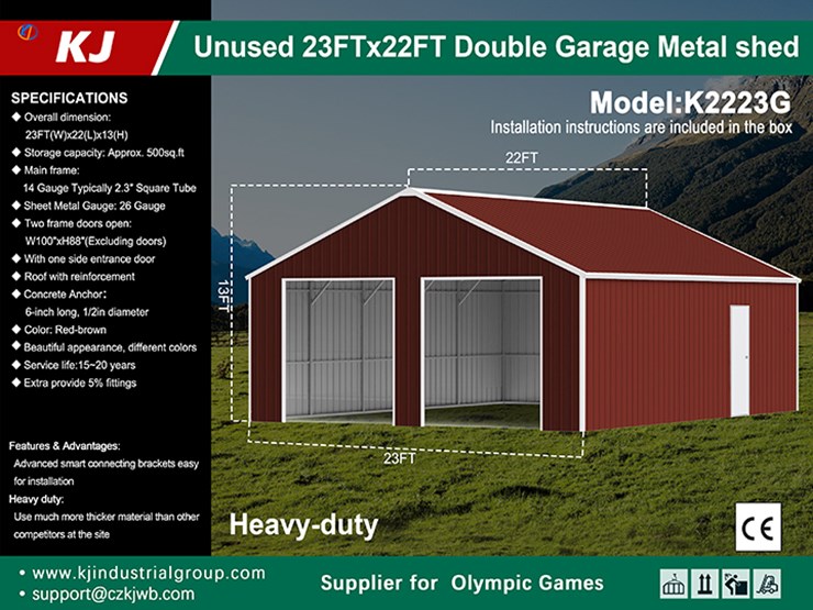 kj-heavy-duty-23'-x-22'-double-garage-metal-shed-w/-side-door-entrance,-m/n-k2223g,-unused-image-2