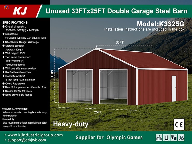 kj-heavy-duty-33'-x-25'-double-garage-steel-barn-shed,-m/n-k3325g,-unused-image-3