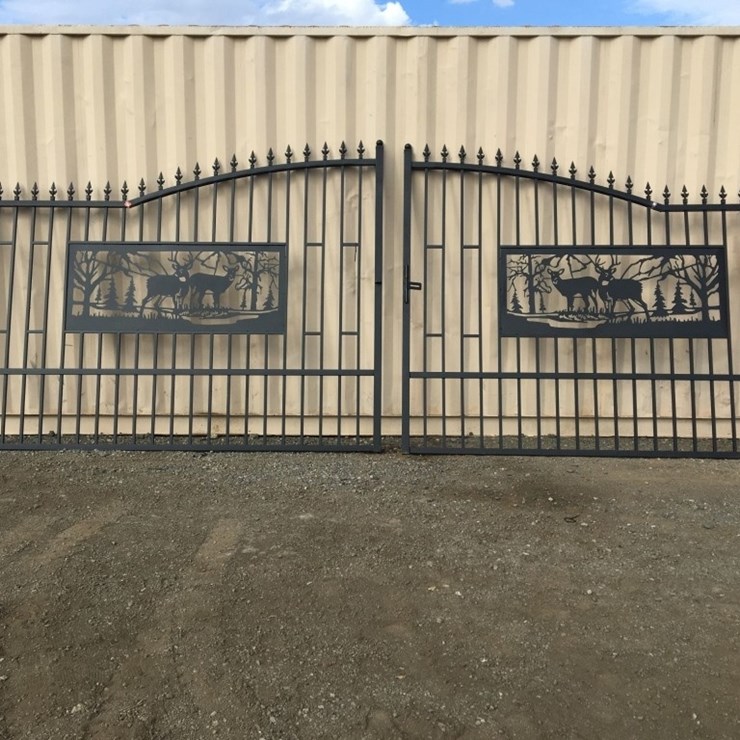 Unused 20ft Bi-Parting Wrought Iron Gate w/Deer