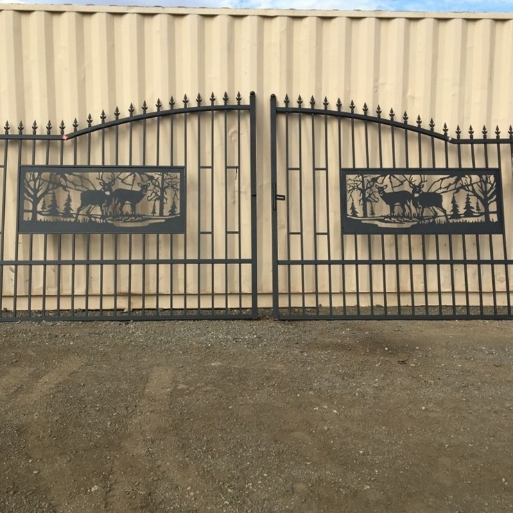 Unused 20ft Bi-Parting Wrought Iron Gate w/Deer