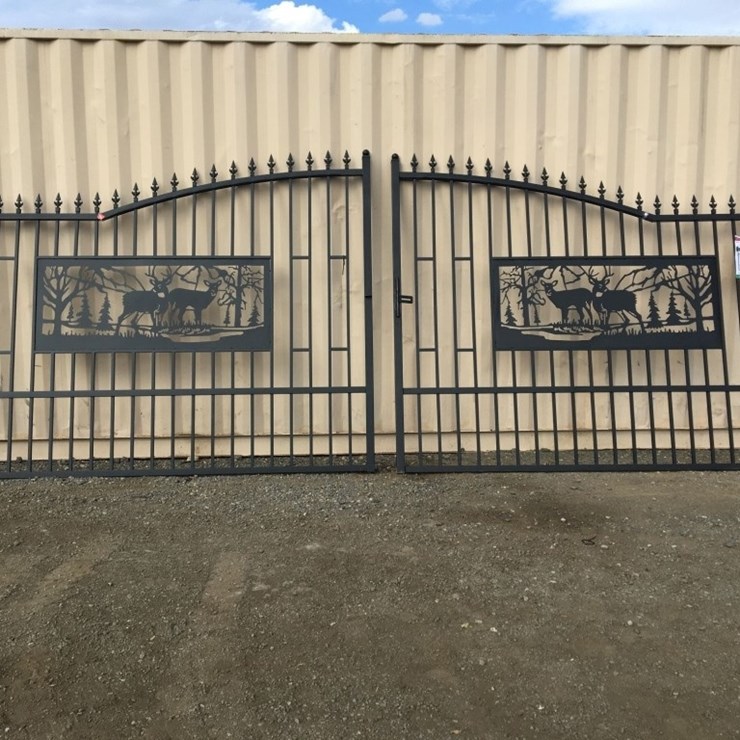 Unused 20ft Bi-Parting Wrought Iron Gate w/Deer