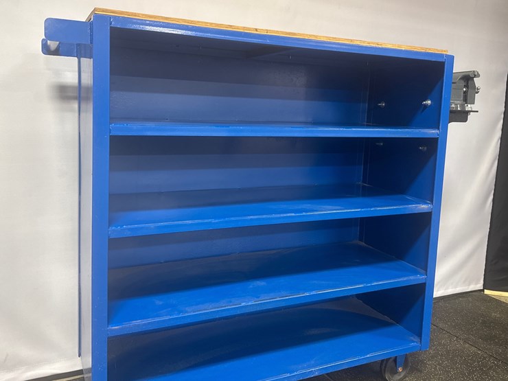 #1004-•-new-metal-4-shelf,-wood-top,-rolling-shelf-with-vice-image-2