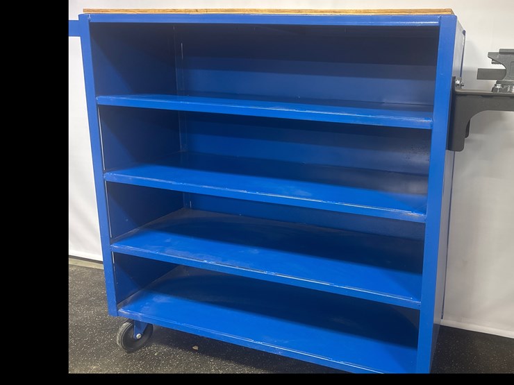 #1004-•-new-metal-4-shelf,-wood-top,-rolling-shelf-with-vice-image-1