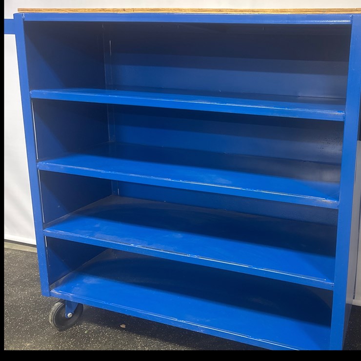 #1004 • New metal 4 shelf, wood top, rolling shelf with vice