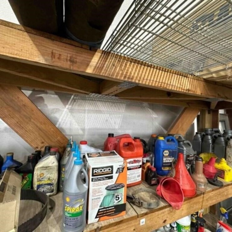 Contents of Shelf- oils, filters, funnels, fluids