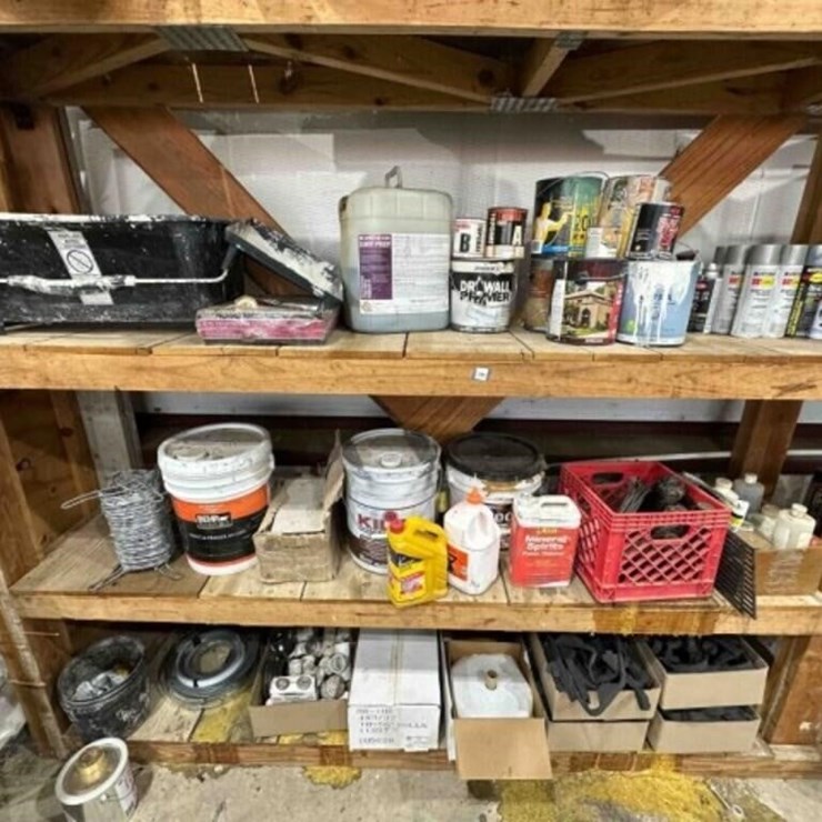 Contents of 3 Shelfs- paints, sealant tape, oils