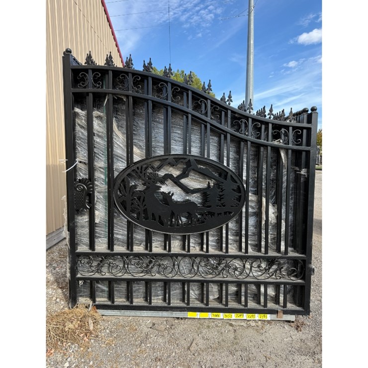 14' Bi-Parting Wrought Iron Deer Gate, 2 7' Wide Panels