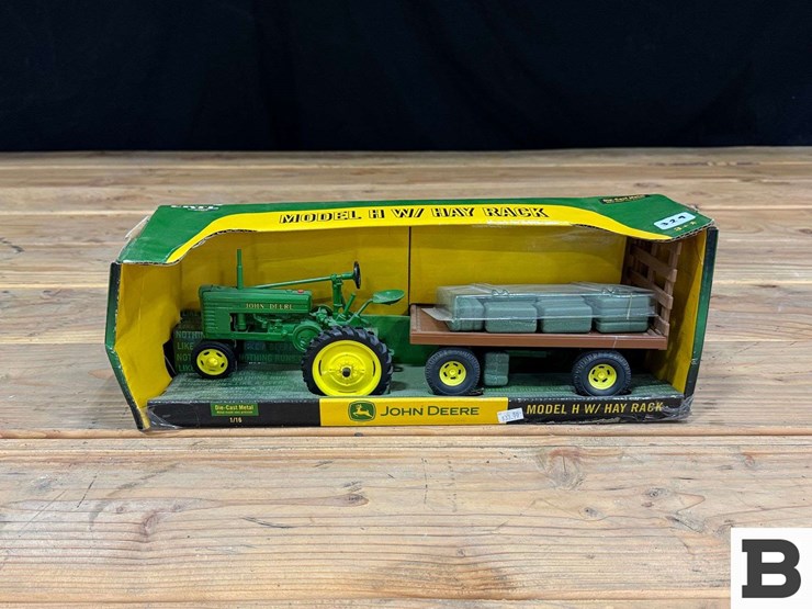 ertl-die-cast-metal-replica-john-deere-model-h-tractor-w/-hay-rack-1:16-scale-image-1