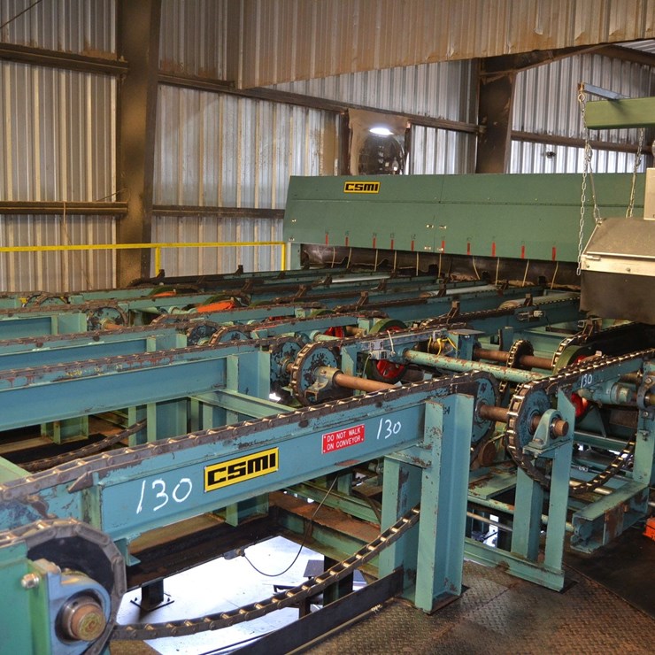 CSMI 16' DROP SAW TRIMMER W/ 8 STRAND INFEED CHAIN W/ LUGS W/ EVEN END ROLLS W/ 5' 6 STRAND INFEED W/ BOARD DEALING W/ BOARD STOP W/ 7' 5 STRAND TRANSFER W/ 16' 5 STRAND TRANSFER W/ 81X CHAIN ON COMMMON SHAFT W/ DRIVE