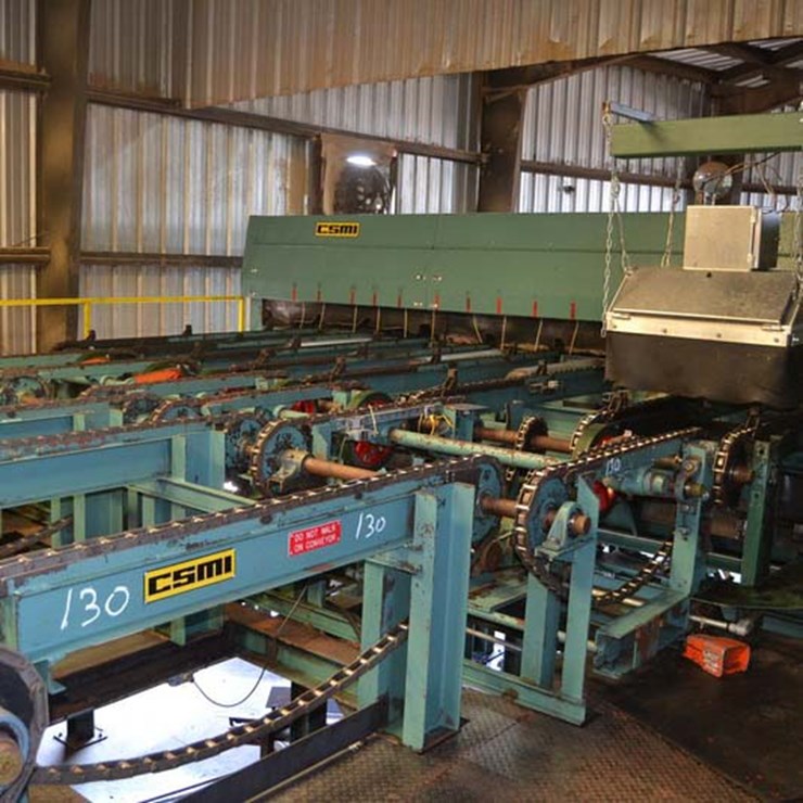 CSMI 16' DROP SAW TRIMMER W/ 8 STRAND INFEED CHAIN W/ LUGS W/ EVEN END ROLLS W/ 5' 6 STRAND INFEED W/ BOARD DEALING W/ BOARD STOP W/ 7' 5 STRAND TRANSFER W/ 16' 5 STRAND TRANSFER W/ 81X CHAIN ON COMMMON SHAFT W/ DRIVE