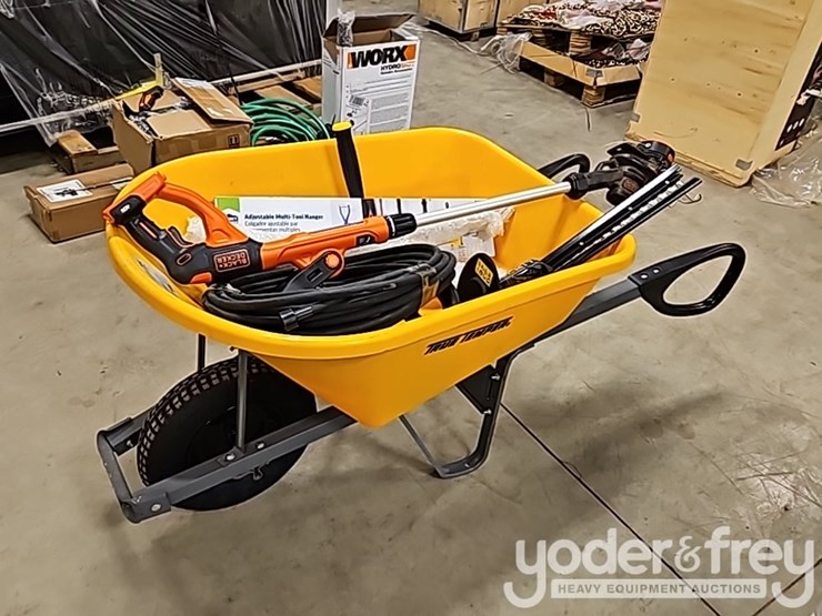 wheel-barrow,-machete-(2-of),-3lb-brass-hammer,-seep-hose,-adjustable-multi-tool-hanger,-black-&-decker-40v-weed-wacker,-trexeen-hedger-image-1