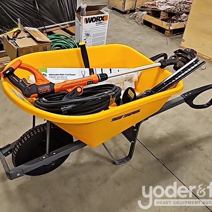 Wheel Barrow, Machete (2 of), 3lb Brass HAmmer, Seep Hose, Adjustable Multi-Tool Hanger, Black & Decker 40V Weed Wacker, TreXeen Hedger
