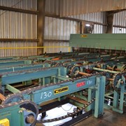 CSMI 16' DROP SAW TRIMMER W/ 8 STRAND INFEED CHAIN W/ LUGS W/ EVEN END ROLLS W/ 5' 6 STRAND INFEED W/ BOARD DEALING W/ BOARD STOP W/ 7' 5 STRAND TRANSFER W/ 16' 5 STRAND TRANSFER W/ 81X CHAIN ON COMMMON SHAFT W/ DRIVE