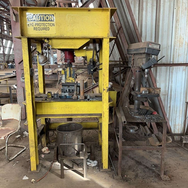 Hydraulic Press & Drill Press On Stand & Contents