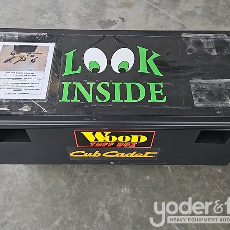 Unused Wood Tuff Tow 48" Box 7 pcs Cub Cadet Tool Kit, Hedge, Trimmer, Cordless Chainsaw, Leaf Blower, String Trimmer, Battery Charger