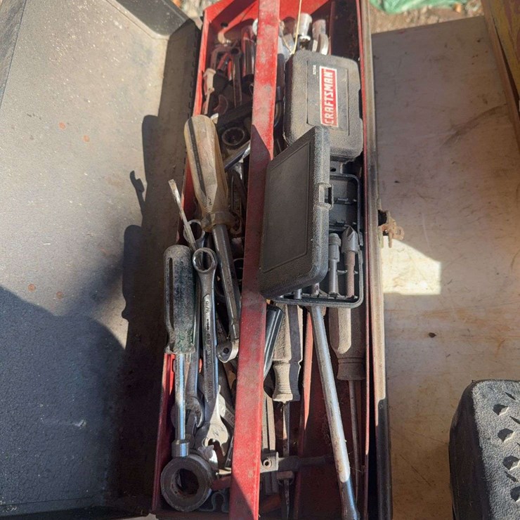 Metal toolbox with tools, nut drivers, wrenches mostly standard, and misc.
