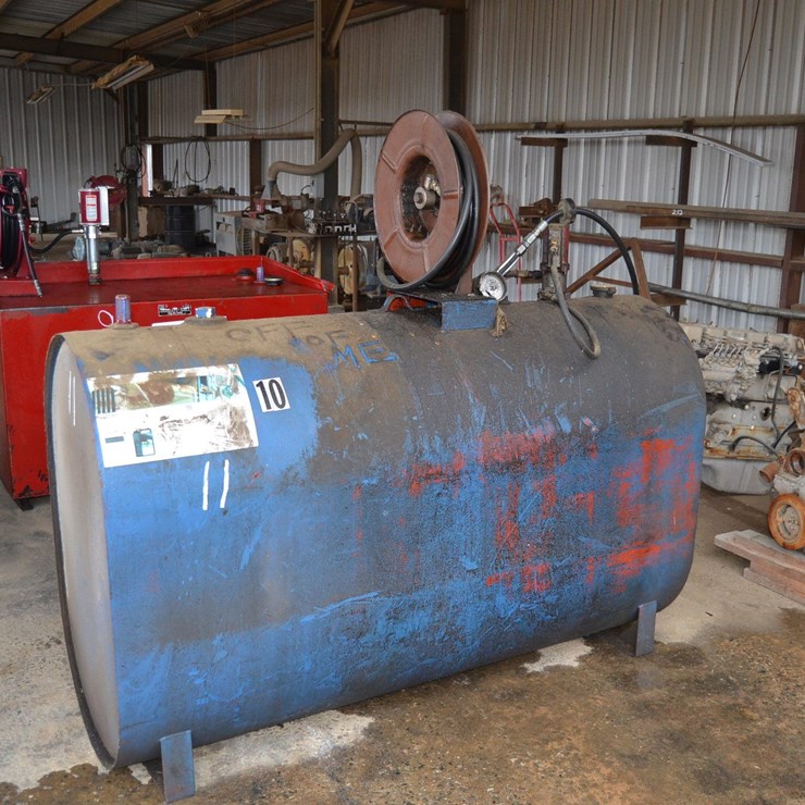 APPROX 250 GAL GAS OIL TANK W/ AIR HOSE REEL & AIR PUMP