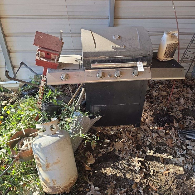 Kenmore grill, turkey fryer, propane tank, misc.