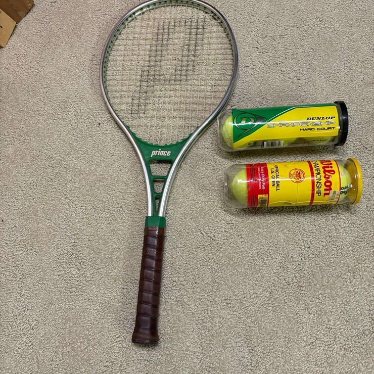 Prince Tennis Racket (27” OAL, 13.5” x 11” Head), 2 Cans Tennis Balls (1 Unopened)