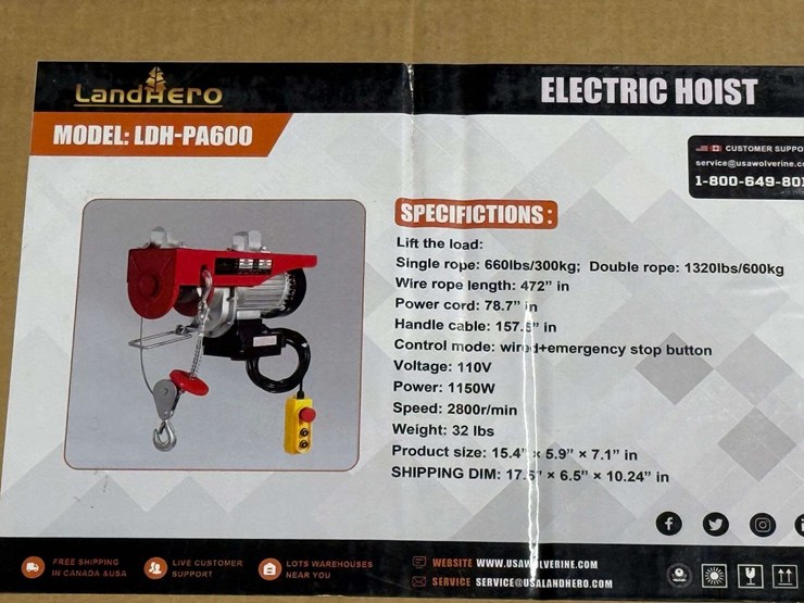 land-hero-model-ldh-pa600-electric-hoist,-110-volt-image-1