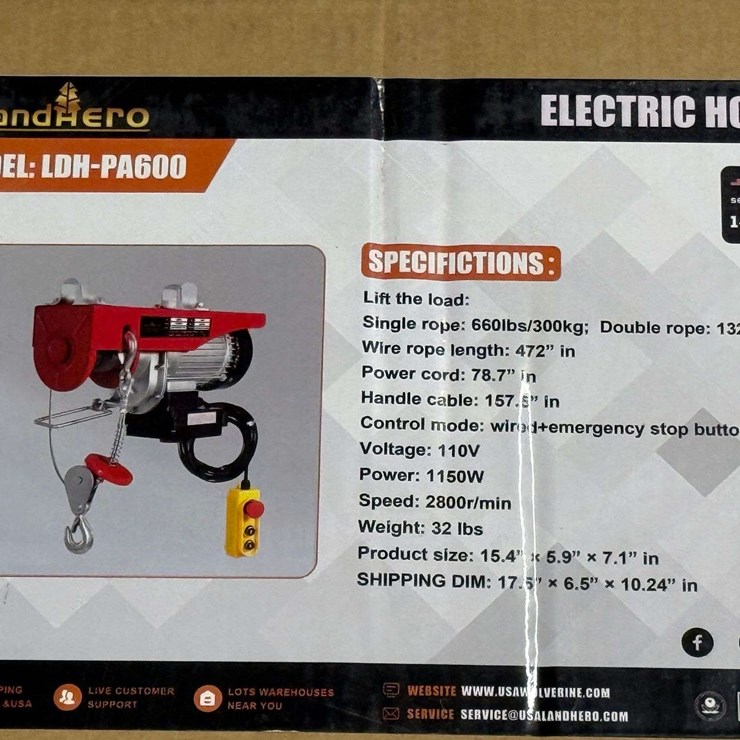 Land Hero Model LDH-PA600 Electric Hoist, 110 Volt