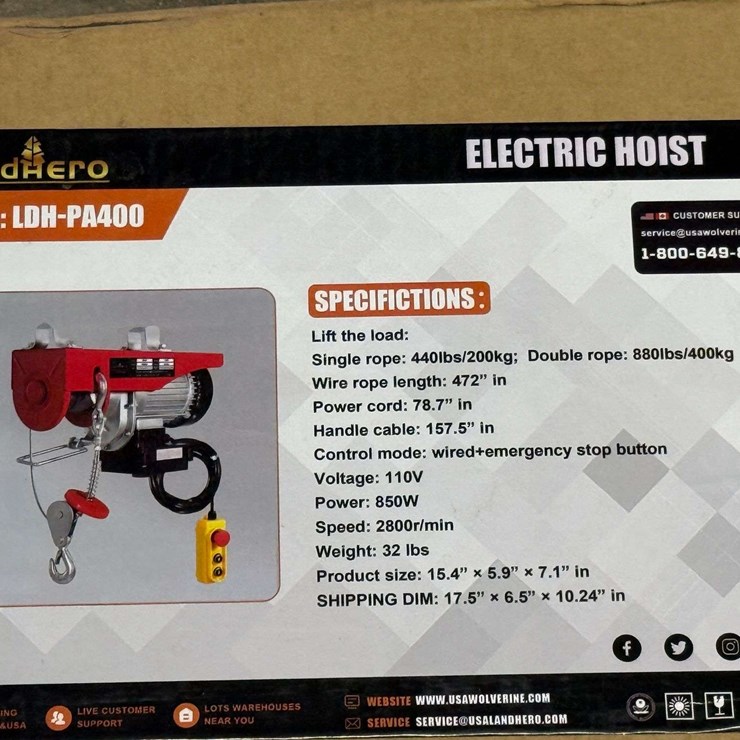 Land Hero Model LDH-PA400 Electric Hoist, 110 Volt