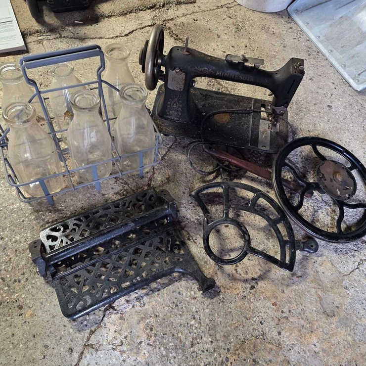 Milk Carrier with 6 Glass Bottles, Minnesota Sewing Machine w/Misc Parts