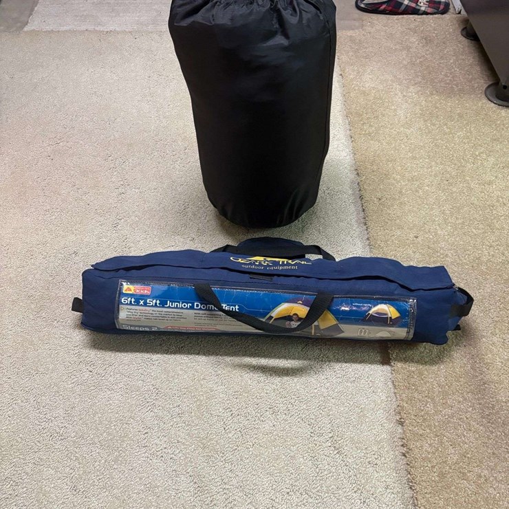 Tent and Sleeping Bag, Ozark Trail Junior Dome Tent, 6’ x 5’, Used Once, Eureka Sandstone 45 Sleepin