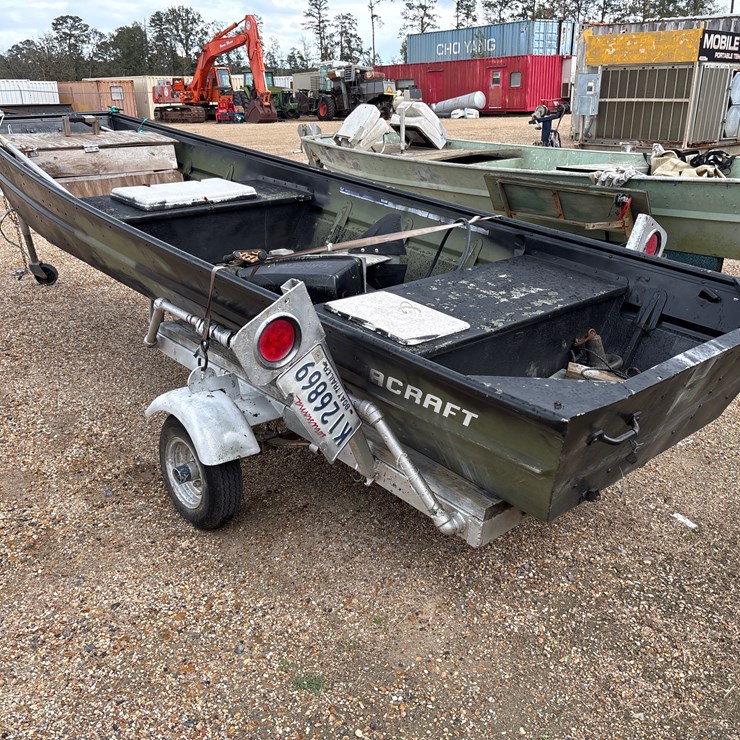 #1420 • 12FT ALUMINUM JOHN BOAT, JOHNSON ENGINE SIZE | NO TITLE ON BOAT AND TRAILER