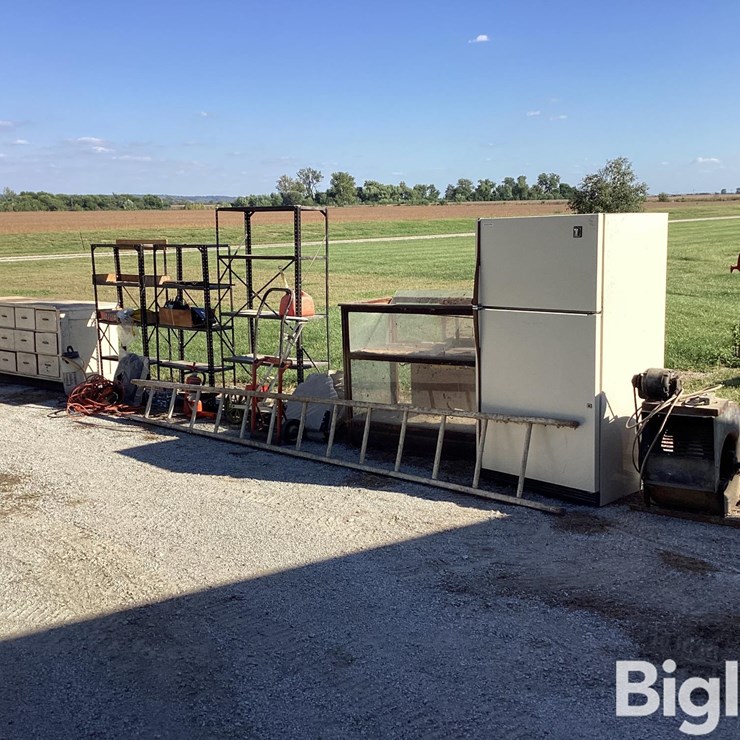 Garage Cabinets, Tools, Shelving, Refrigerator, Fan, Miscellaneous Items