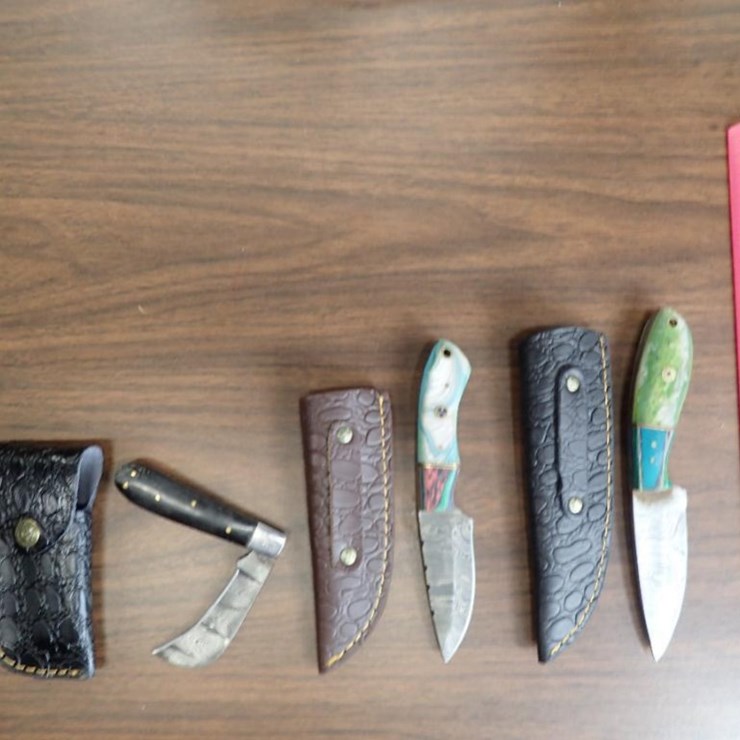 Custom Damascus Knives w/ Sheath - Qty 2, Folding Pocket Knife w/ Sheath - Qty 1, Keychain Mini