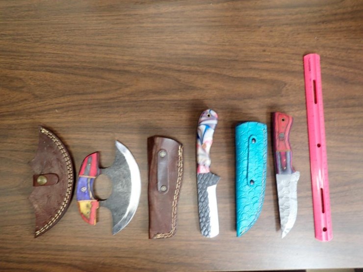 custom-damascus-knives-w/-sheath---qty-2,-bull-cutter-knife-w/-sheath---qty-1---tag-#-9611-image-1