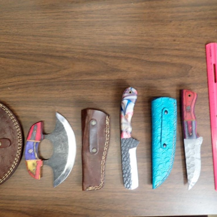 Custom Damascus Knives w/ Sheath - Qty 2, Bull Cutter Knife w/ Sheath - Qty 1 - Tag # 9611