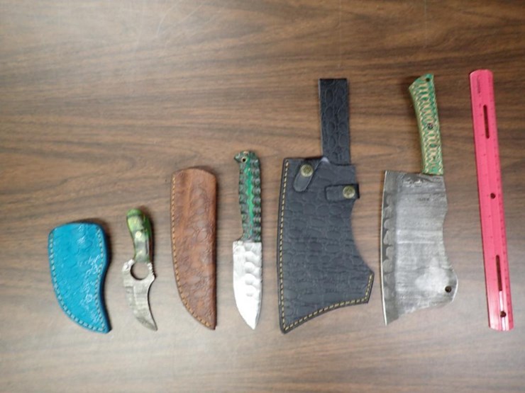 custom-damascus-knives-w/-sheath---qty-2,-butcher-knife-w/-sheath---qty-1---tag-#-6557-image-1