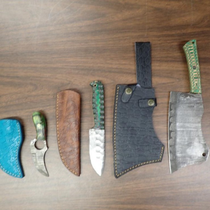 Custom Damascus Knives w/ Sheath - Qty 2, Butcher Knife w/ Sheath - Qty 1 - Tag # 6557