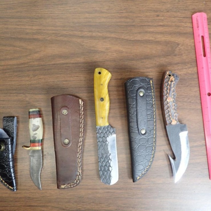 Custom Damascus Knives w/ Sheath - Qty 2, Bull Cutter Knife w/ Sheath - Qty 1 - Tag # 9608