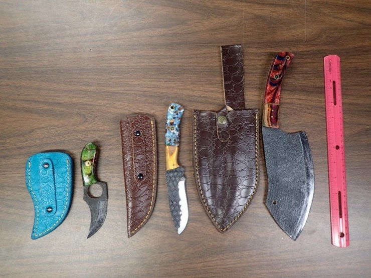 custom-damascus-knives-w/-sheath---qty-2,-butcher-knife-w/-sheath---qty-1---tag-#-6572-image-1