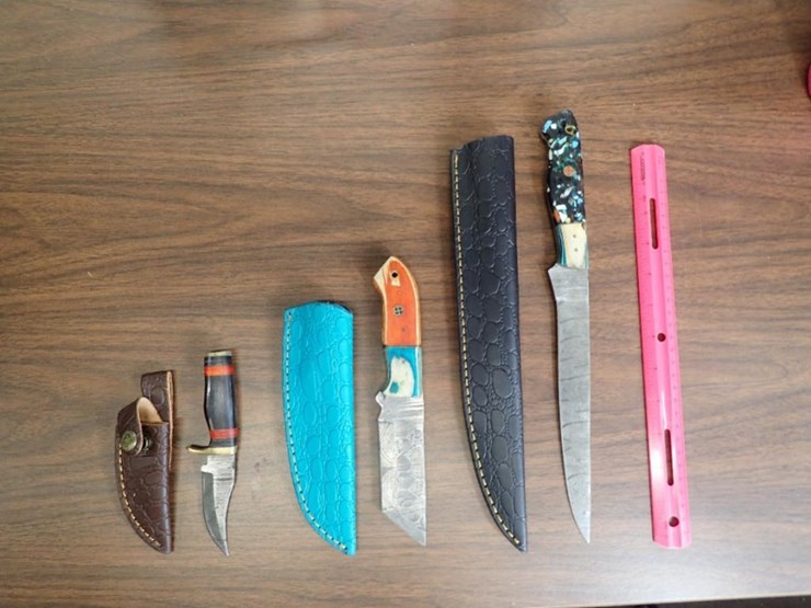 custom-damascus-knives-w/-sheath---qty-2,-fillet-knife-w/-sheath---qty---1---tag-#-9602-image-1