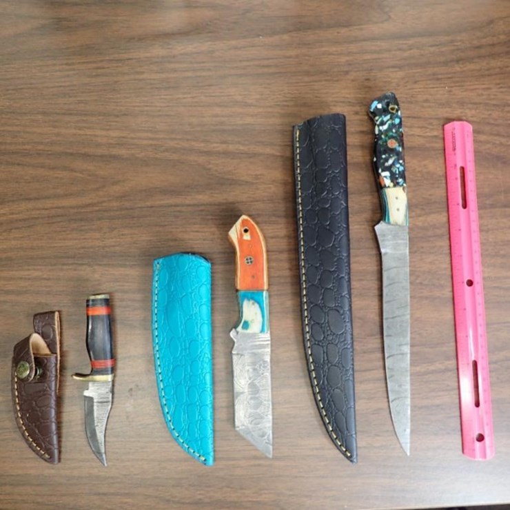 Custom Damascus Knives w/ Sheath - Qty 2, Fillet Knife w/ Sheath - Qty - 1 - Tag # 9602