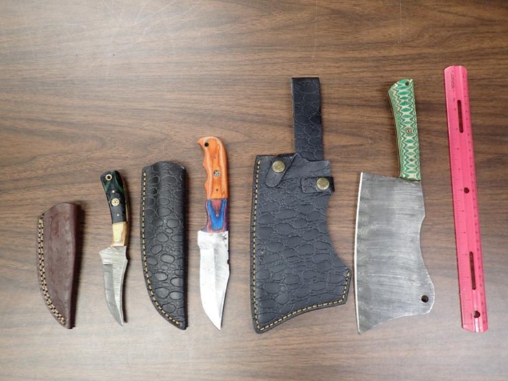 custom-damascus-knives-w/-sheath---qty-2,-butcher-knife-w/-sheath---qty-1---tag-#-6578-image-1
