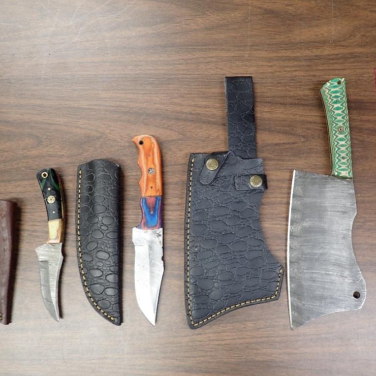 Custom Damascus Knives w/ Sheath - Qty 2, Butcher Knife w/ Sheath - Qty 1 - Tag # 6578