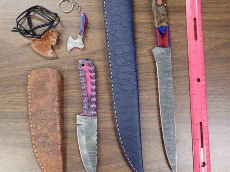 custom-damascus-knives-w/-sheath---qty-1,-fillet-knife-w/-sheath---qty-1,-keychain-knife---qty-1---image-1