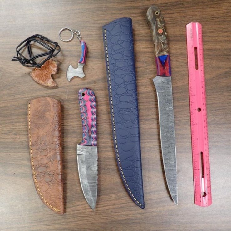 Custom Damascus Knives w/ Sheath - Qty 1, Fillet Knife w/ Sheath - Qty 1, Keychain Knife - Qty 1 -