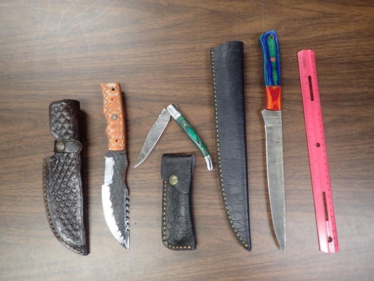 custom-damascus-knives-w/-sheath---qty-1,-fillet-knife-w/-sheath---qty-1,-folding-pocket-knife-w/-image-1