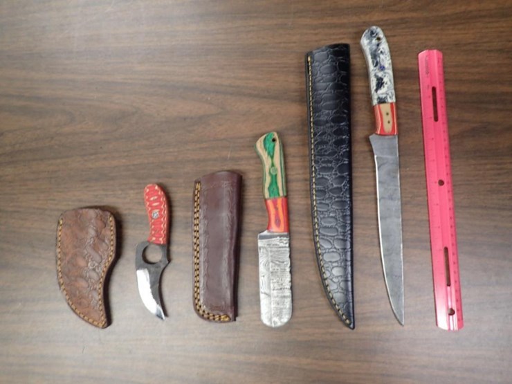 custom-damascus-knives-w/-sheath---qty-1,-bull-cutter-knife-w/-sheath---qty-1,-fillet-knife-w/-image-1