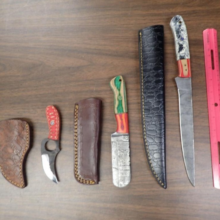 Custom Damascus Knives w/ Sheath - Qty 1, Bull Cutter Knife w/ Sheath - Qty 1, Fillet Knife w/