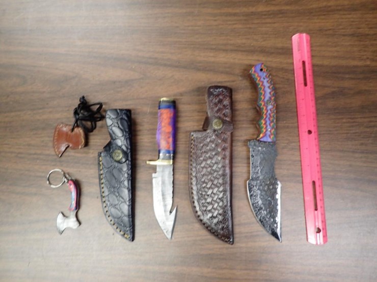 custom-damascus-knives-w/-sheath---qty-2,-keychain-knife-w/-sheath---qty-1---tag-#-6562-image-1