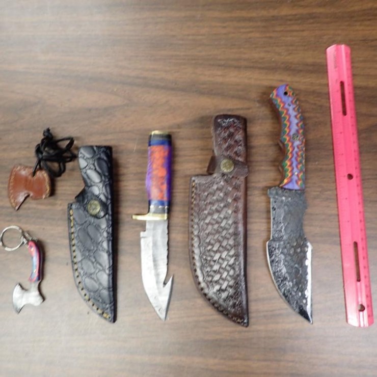 Custom Damascus Knives w/ Sheath - Qty 2, Keychain Knife w/ Sheath - Qty 1 - Tag # 6562