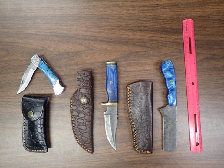 custom-damascus-knife-w/-sheath---qty-1,-bull-cutter-knife-w/-sheath---qty-1,-folding-pocket-knife-image-1