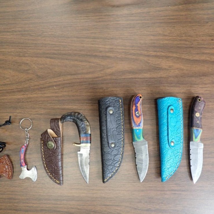 Custom Damascus Knives w/ Sheath - Qty 3, Keychain Mini Knife w/ Sheath - Tag # 9622